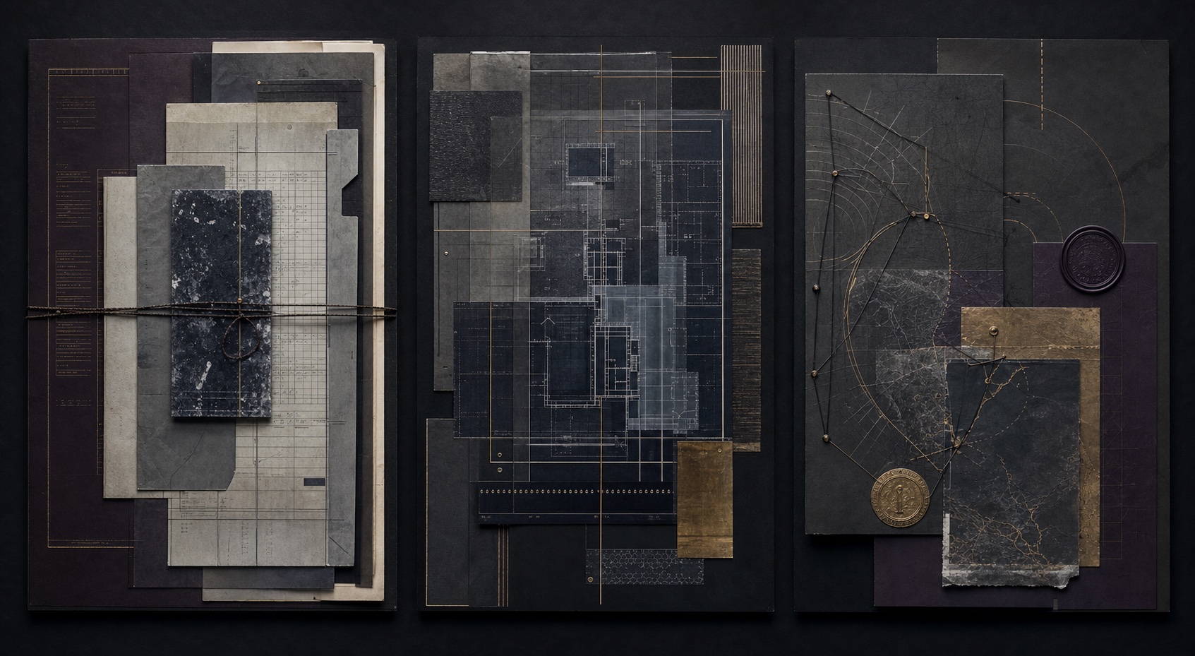 Three abstract panels suggesting institutional knowledge, enterprise architecture, and regulated operations